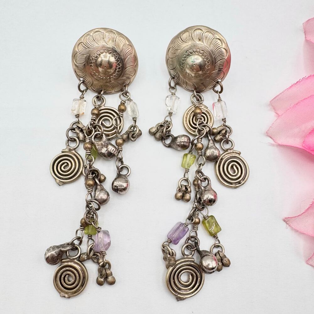 Vintage Concho Gemstone & Spiral Charm Cluster Duster Earrings Boho Ethnic Cute